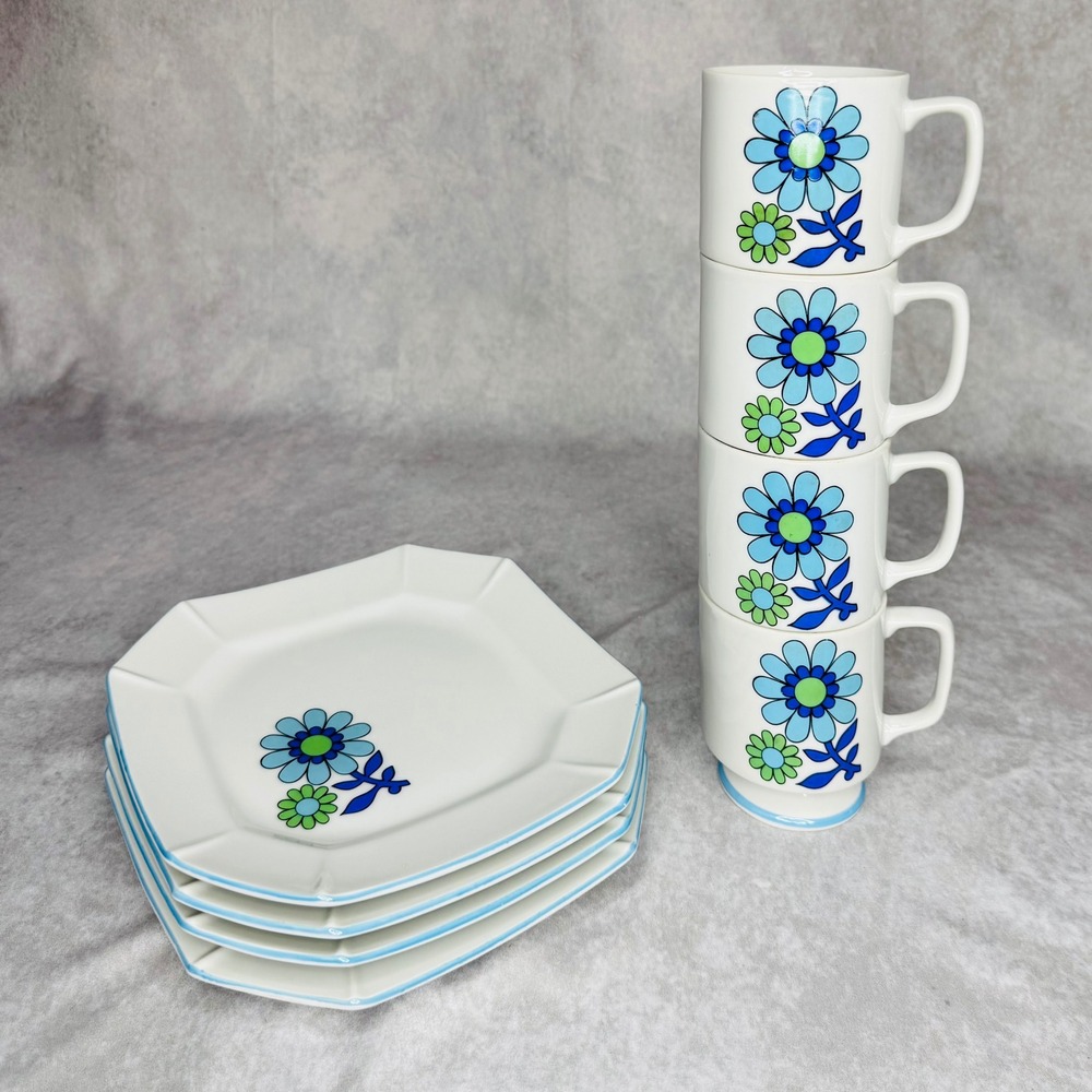 Vintage Enesco Japan MCM Blue Green Mod Floral Cup and Luncheon Plate Set Retro